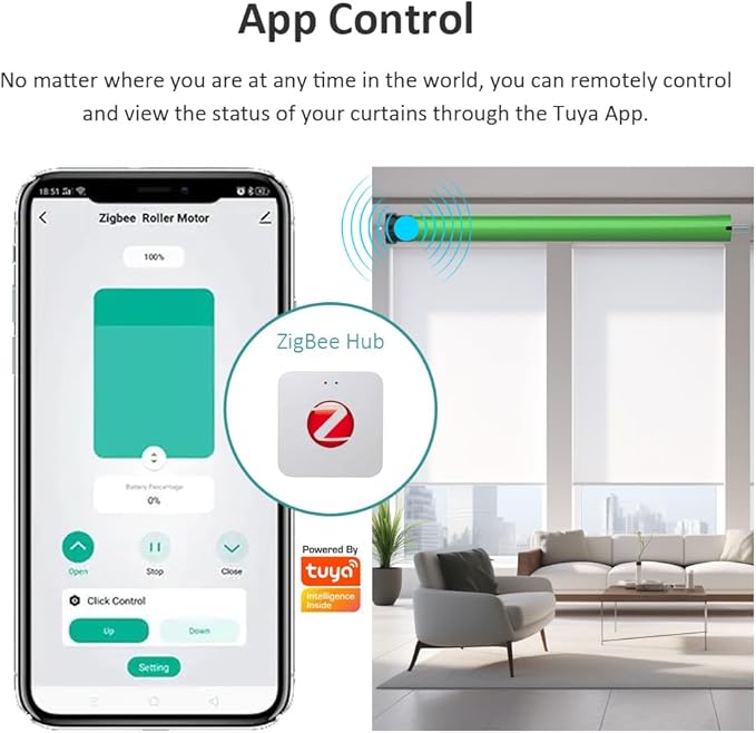 Tuya ZigBee Smart Roller Shade Motor, High Torque Electric Blinds Retrofit Kit, App/Voice Control with Alexa Google, Remote & Timer, Quiet 38dB (10 N.m for Φ50mm (2") Round Tube)