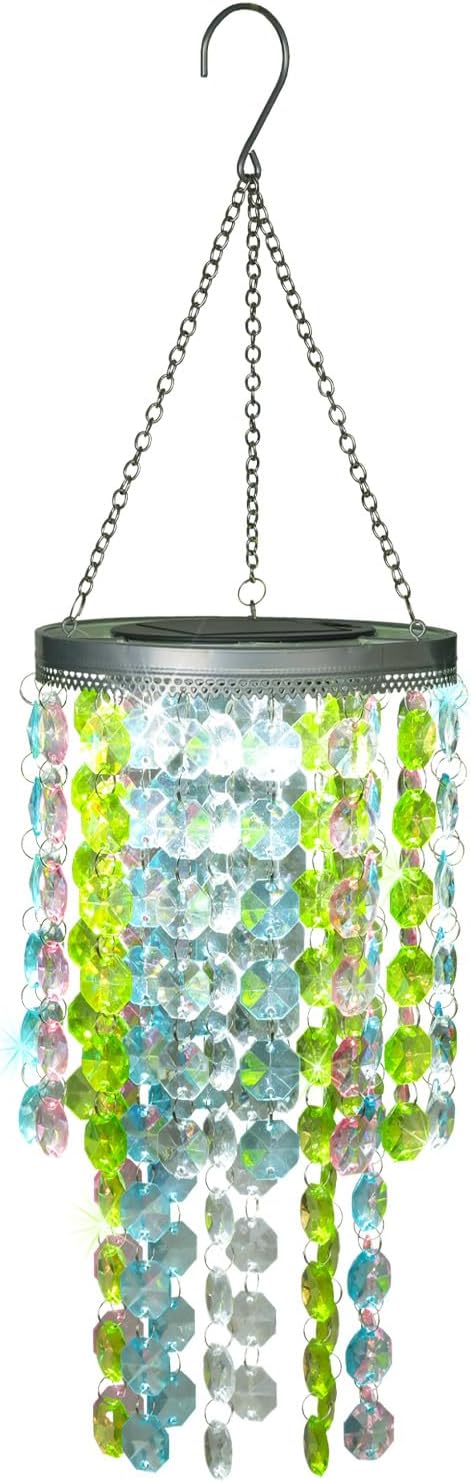 Hanging Solar Crystal Chandelier Outdoor, 21” Modern Solar Multicolor Acrylic Beaded Lantern with Cool White LED S Hooks for Garden Yard Patio Gazebo Outside Decor