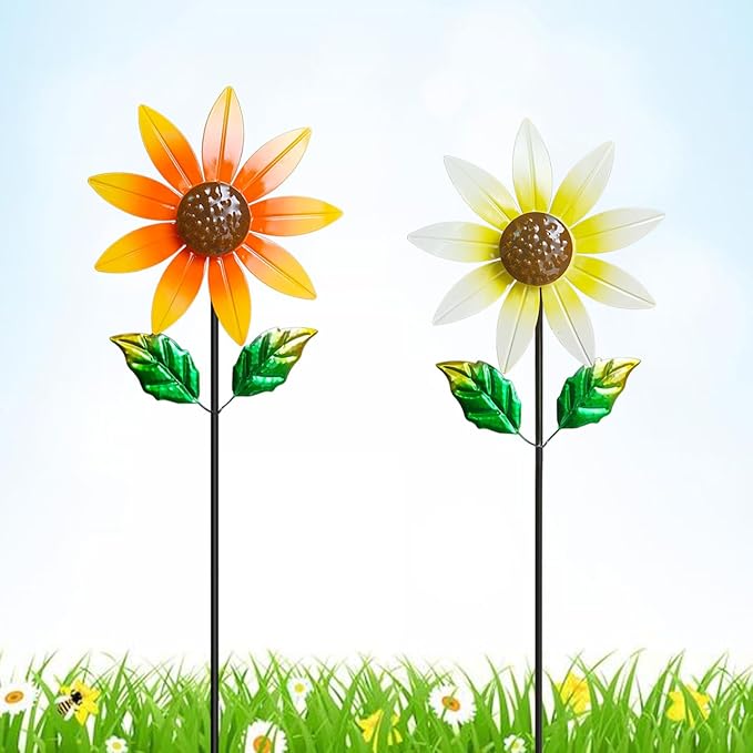 2 Pack Metal Wind Spinners for Outdoor Decor - Garden Windmill Sculptures, Yard Art for Patio Lawn - Vibrant White Daisies & Orange Sunflowers Metal Spinners for Garden Decorations