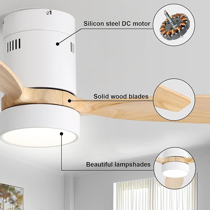 Sofucor 52 Inch Smart Ceiling Fans with Light and Remote-Modern Smart Solid Wood Ceiling Fan with Alexa/Google/APP/Remote Control for Bedroom Living Room Indoor Outdoor Patio,Qiute DC Motor,White&Wood
