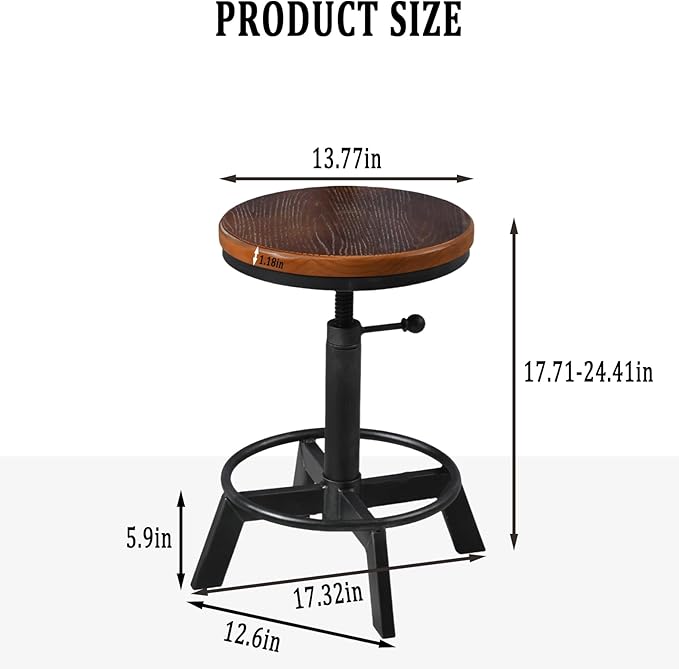 Set of 2-Industrial Bar Stool-Rustic Counter Height Chairs for Kitchen Island-Farmhouse Swivel Wooden Seat- Adjustable 17.7-24inch