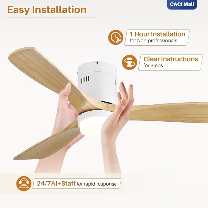 CACI Mall 52 Inch Wood Flush Mount Ceiling Fan with Lights, 3 Blades, Low Profile, Modern, 3CCT, Dimmable, Noiseless, Remote Contral, Outdoor Indoor Ceiling Fans for Bedroom/Farmhouse/Patio