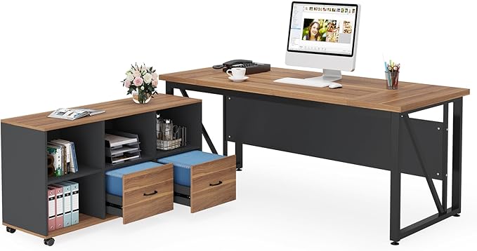 Tribesigns 63-Inch Executive Desk with 47-Inch Mobile File Cabinet, Large Home Office Desk with Drawers and Storage Shelves, L-Shaped Computer Desk Workstation Business Furniture, Walnut & Gray