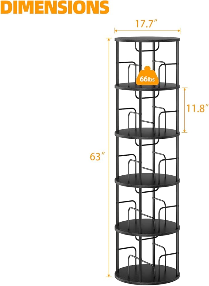 5 Tier Rotating Bookshelf, 360 Display Spinning Corner Bookshelf, Space-Saving Metal Frame Bookcase for Living Room, Office, Bedroom, Black