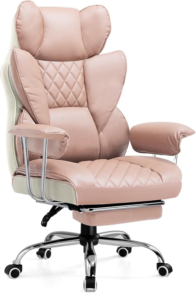 COMHOMA Big and Tall Office Chair, High Back Leather Gaming Chair with Footrest, Executive Ergonomic Office Chairs with Pocket Spring Lumbar Support and with Outward Fixed Soft Armrests