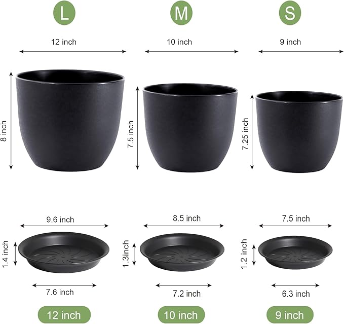12/10/9 Large Modern Plant Pots, Plastic Planters with Drainage Holes and Saucers for Indoor Outdoor Plants Flowers, Black