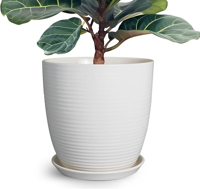 12 Inch Ceramic Planter Pot, Large Planter with Drainage Hole and Saucer Round Flower Pot for Indoor Outdoor Plants, White