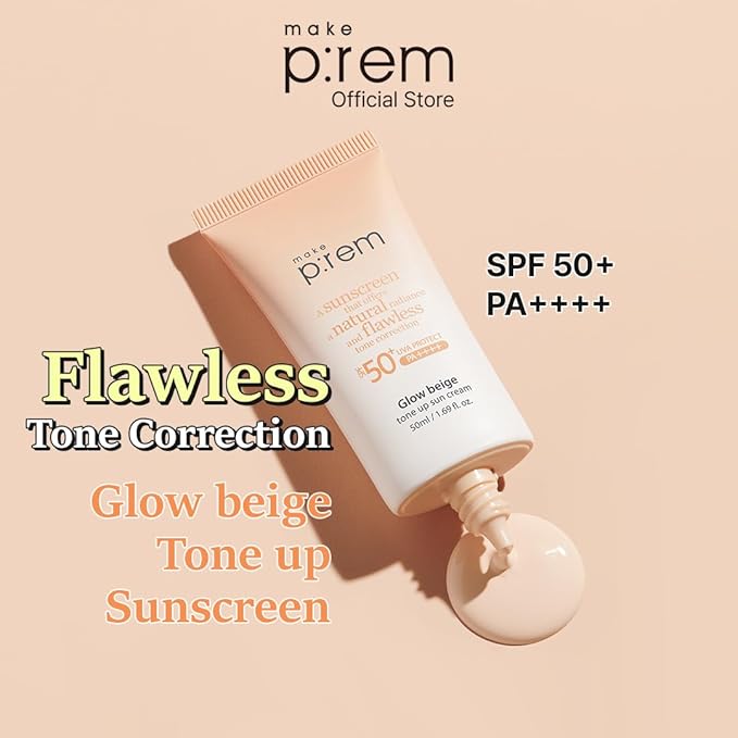 MAKE P:REM Glow Beige Tone Up Sunscreen, Foundation-Free Mineral Sun Care, Skin Tone Correction, Lightweight, Korean Sunscreen, Korean Skin Care, SPF 50, 1.69 fl.oz. (50ml)