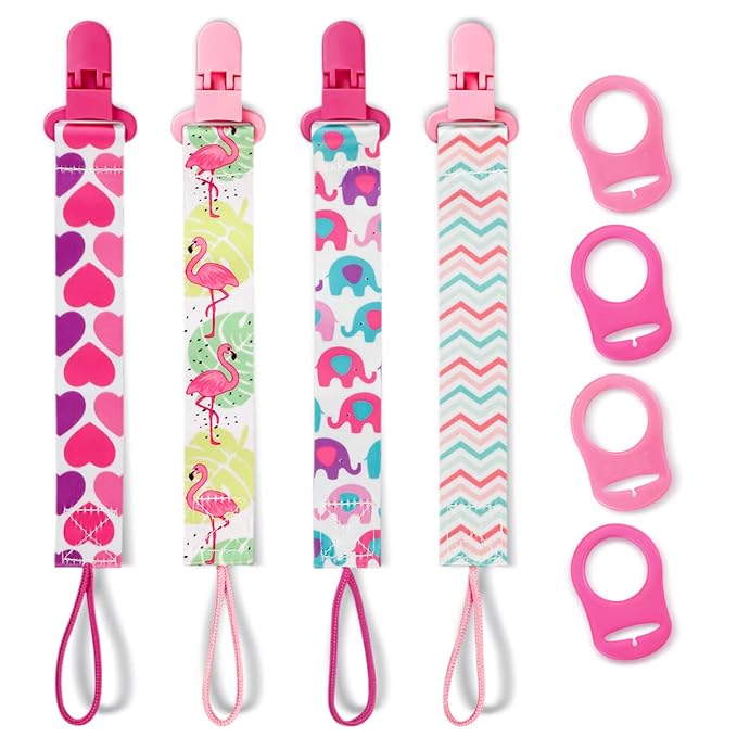 4 Pack Pacifier Holder Clips for Girls, Dummy Clips Girls with Adapters, Silicone Binky Clips for Baby Teething Toys Baby Shower