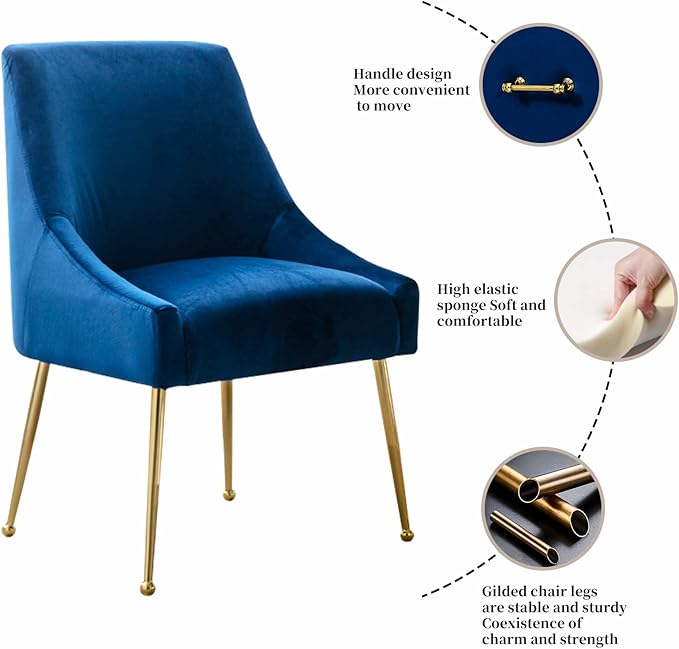 Velvet Dining Chairs Set of 2, Furniture Collection Modern Contemporary Upholstered with Polished Gold Metal Legs(Blue)