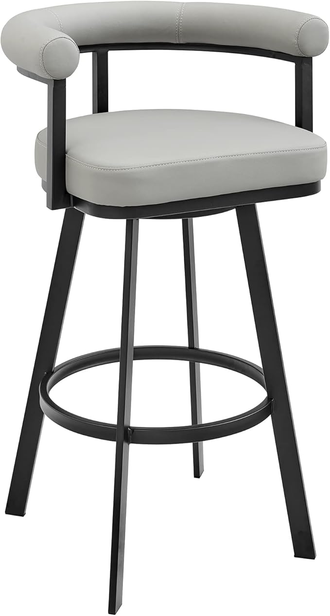 Armen Living Magnolia Swivel Bar Stool in Black Metal with Light Grey Faux Leather