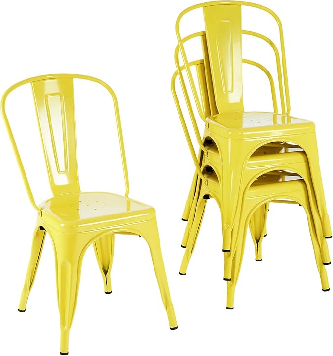 Nazhura Metal Dining Chair Farmhouse Tolix Style for Kitchen Dining Room Café Restaurant Bistro Patio, 18 Inch, Stackable, Waterproof Indoor/Outdoor (Sets of 4) (Steel Seat, Yellow)
