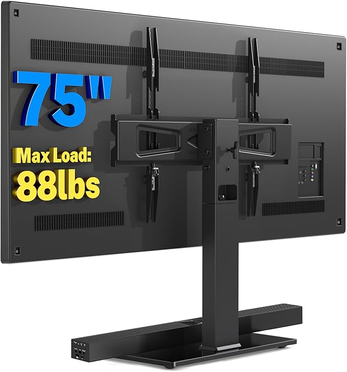 Rfiver Universal Swivel Table Top TV Stand for 37 to 65, 70 75 inch TVs, Height Adjustable Table Top TV Stand Mount with Tilt, Heavy Duty TV Replacement Stand with Tempered Glass Base Up to 110lbs