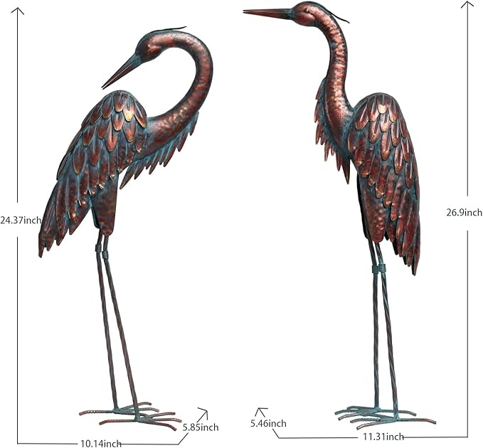 Kircust Metal Crane Statues - Set of 2 Bronze Heron Sculptures for Garden, Patio, or Yard Decor - 27.56" Tall Weatherproof Outdoor Art