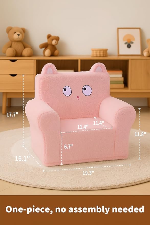 Cute Animal Toddler Foam Chair, Soft Faux Rabbit Fur, Comfy Toddler Lounge Chair and Couch with Arms, Removable Washable Cover, Kids Reading, Relaxing, for Playroom, Bedroom, Ages 1-3, Pink Cat