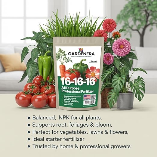Gardenera 16-16-16 Premium All Purpose Professional Fertilizer - Lawn, Flower, Tree, Shrub & Vegetable Fertilizer (1 Quart)
