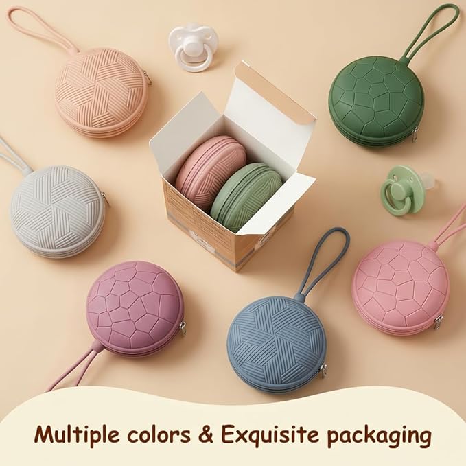Smlpuame 4 Pack Holder Case Set, 2 Silicone Portable Pacifier Cover Pouch Bag for Diaper Bags Baby Carriage With 4 Transparent Storage Container Box, Easy to Clean, Power Rose+Grey