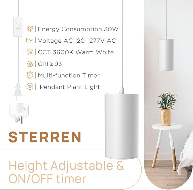 STERREN Pendant Grow Lights,30W Full Spectrum Plant Light with On/Off Switch, Auto Timer White Plug in Hanging Lights for Indoor Plants with 21 FT Height Adjustable Power Cord