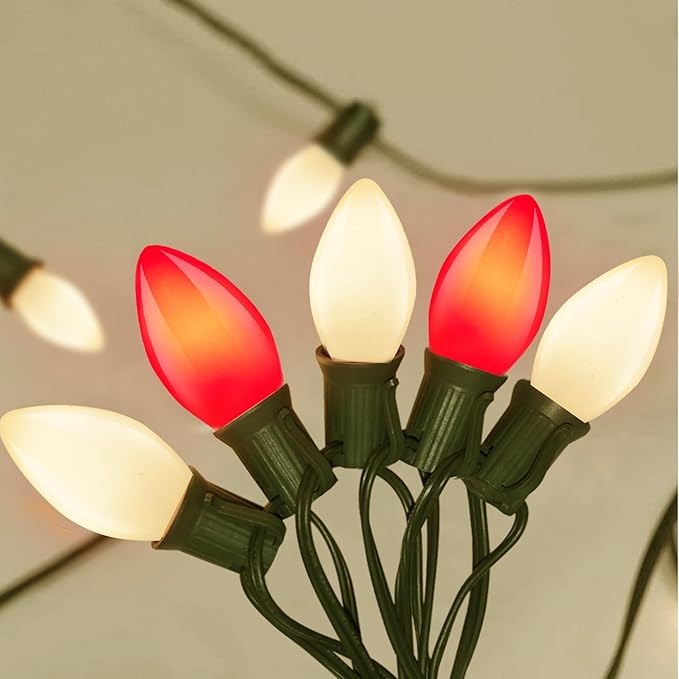 C7 LED Red and White Christmas Lights, 25Ft Outdoor Christmas Decorations Light with 27 Shatterproof LED Bulbs, Hanging Vintage Christmas Lights for Christmas Tree Roofline Holiday Party Backyard
