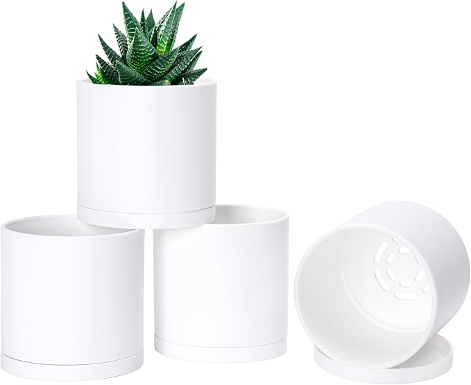 D'vine Dev 4 Pack 4 Inch Modern Plastic Plant Pots, Small Garden Planters for Plant with Drainage Holes and Saucers, White Color, 74-Z-E-2