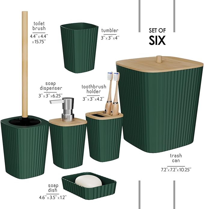 Clara Clark Bathroom Set - Hunter Green Bathroom Accessories Set, 6PC Bathroom Accessory Set, Bathroom Sets with Toilet Brush, Trash Can & Soap Dispenser