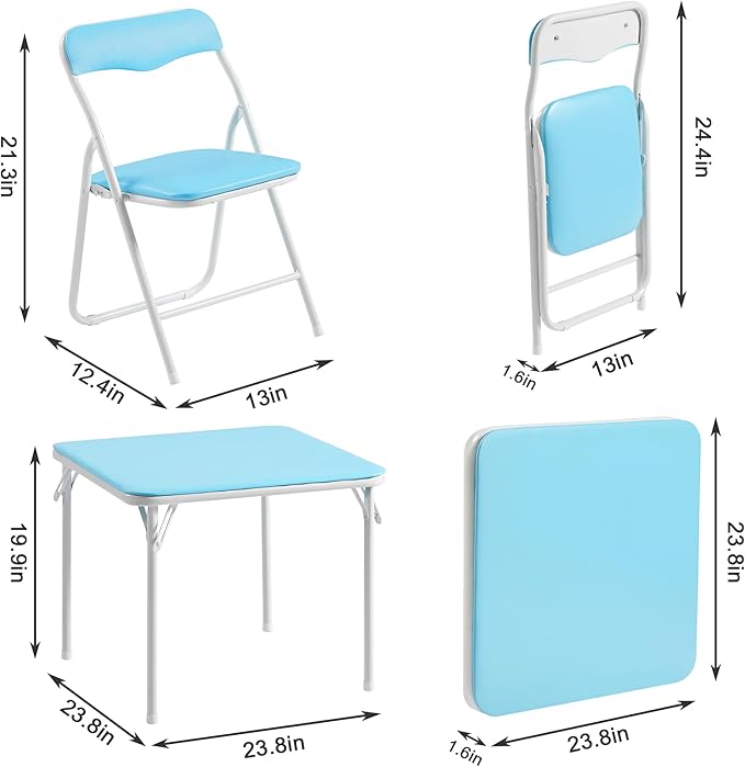 VECELO Kids Folding Activity Table and Chairs 5 Pcs Set, Portable, with Ultra Soft Padded Cushion, Light Blue