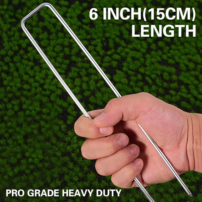 50Pcs Garden Stakes Staples + 50Pcs Gasket, Bakulyor 6 Inch Lawn Landscape Staples 11 Gauge U Shaped Galvanized Landscape Pins, Heavy Duty Yard Ground Pin for Weed Barrier Sod Fabric Decorations - 6"