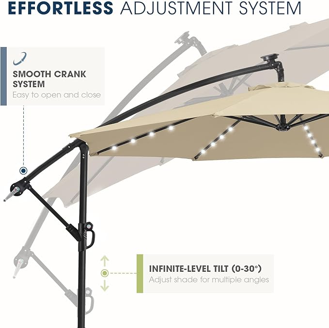 wikiwiki 10ft Solar LED Patio Umbrella with Base Included, Offset Umbrella with Weighted Sandbag Base, Cantilever Patio Umbrellas for Backyard, Garden & Deck, 32 LED Lights & Polyester Shade, Beige