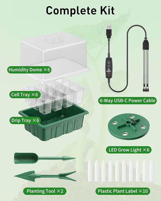 Pawfly 6 Pack Seed Starter Kit, 72 Cells, Seed Starter Trays with Adjustable Grow Lights & 3.9" Humidity Domes, Indoor Seedling Starter Trays, Reusable Plant Germination Trays, Seed Starting Trays