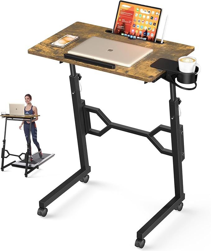 Small Standing Desk with Wheels, Portable Treadmill Desk, Rolling Desk Adjustable Height for Laptop, Mobile Standing Table for Walking Pad, Bedside Table
