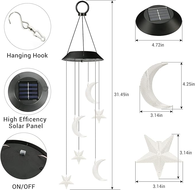 Toodour Solar Wind Chimes, Color Changing Wind Chimes Moon and Star, LED Decorative Mobile, Gift for Mom Grandma, Waterproof Outdoor Moon Star Light for Garden, Patio, Yard, Window Outdoor Decor