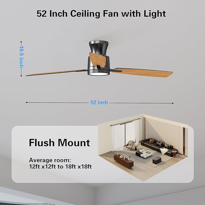 Ceiling Fans with Lights,52 Inch,Quiet Reversible Motor,Easy to Install,6 Speeds,Dimmable,Timer,Black Low Profile Ceiling Fan for Bedroom Living Room,Kitchen,Indoor/Outdoor