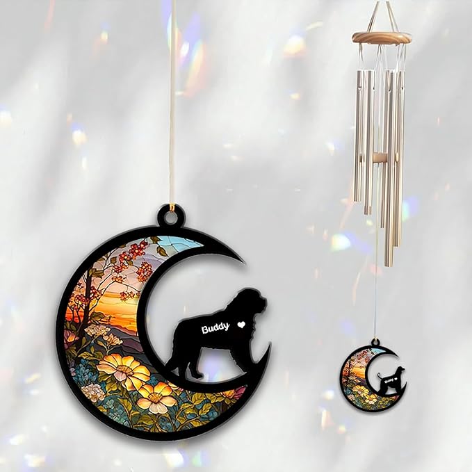 Saint Bernard Sun Catcher Wind Chime, Custom Sunflower Suncatcher Dog Memorial Wind Chime, Dog Loss Gift, Dog Sympathy Gift, Pet Loss Suncatcher, Outdoor Garden Decor