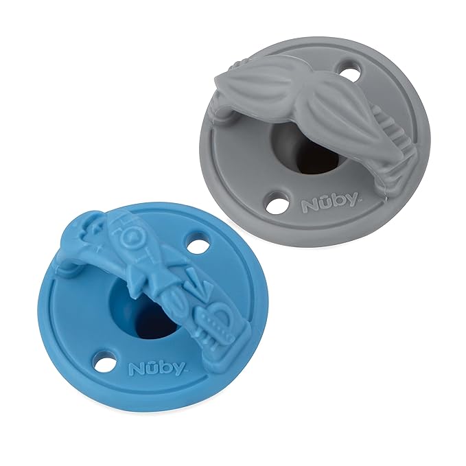 Nuby 3-D Sili Soother Pacifiers with Soft Handle and Two Safety Air Holes, 2 Pack, 0+ Months, Blue Spaceship and Gray Mustache