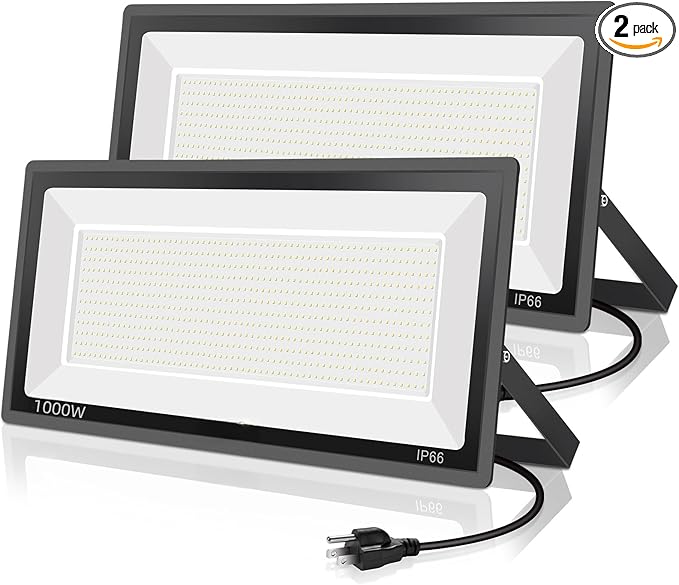 YANYCN 2 Pack 1000W LED Flood Light Outdoor,4250W Equivalent Super Bright 99500LM 5000K Daylight White FloodLight with Plug,IP66 Waterproof Commercial Lighting for Sports Fields,Counts,Arena,Stadium