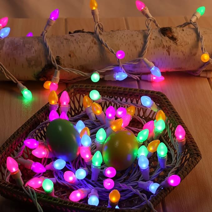 Easter String Lights LED Multi Color Glass C3 Lights 50 Count Easter Pastel Light 120V ETL Certified Connectable Outdoor String Light White Wire for Party Patio Home