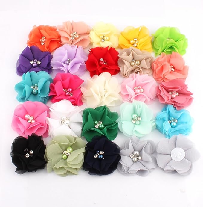 50 Pcs 2" Mini Chiffon Flowers with Rhinestones for Baby Girls Hair Accessories Artificial Fabric Flowers for Headbands Craft Projects (Pink)