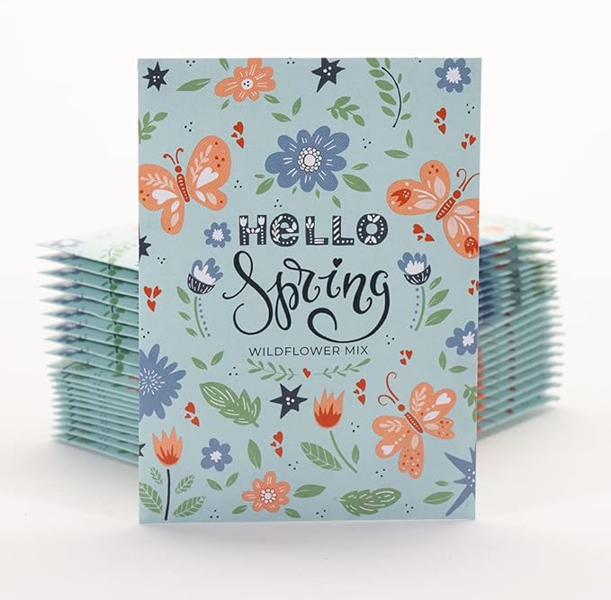 Hello Spring Blue Background - Wildflower Mix Seed Packets: 25 Wildflower Seed Packets for Planting - Flower Seeds - Garden Seed to Grow Live Plants - Spring Flowers - Bentley Seed Co.