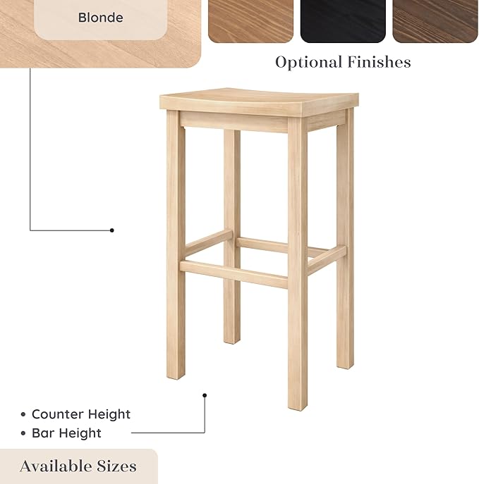 Grain & Grove Smith Collection Solid Wood Bar Stool, 30 inch Saddle-Seat Bar Chair, Backless, Heavy-Duty Construction, Footrest Support, Ideal for Kitchen Islands, Home Bars, and Counters, Blonde
