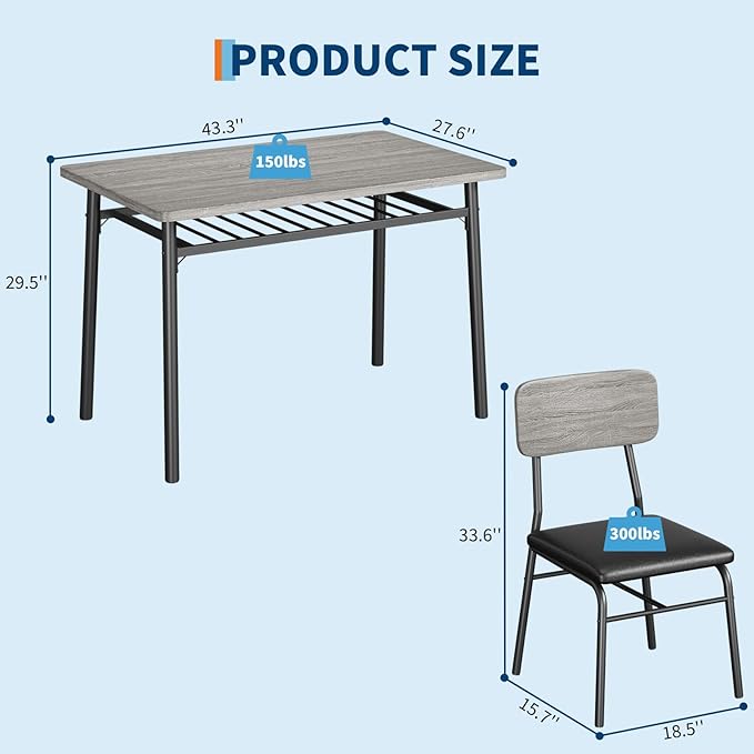 GarveeHome Dining Table Set for 4 with Storage Rack, 5-Piece Kitchen Table and Upholstered Chairs of 4, Wood Tabletop & Heavy-Duty Metel Frame, Dining Room Set for Small Space, Apartment, Gray