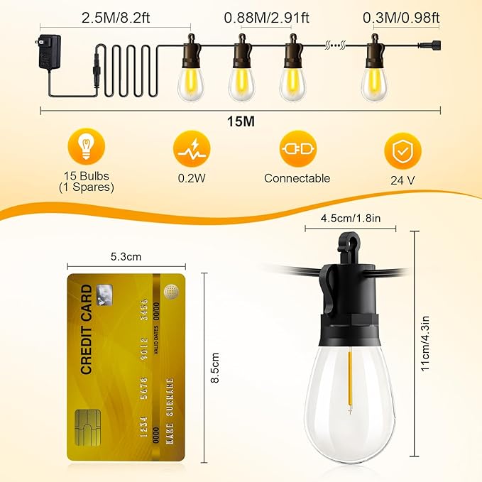 Outdoor String Lights Patio LED - Light Outside 50Ft 15M Waterproof Remote Dimmable S14 Porch Lighting Edison Plastic Bulb Pergola Hanging Balcony Connectable Backyard Yard Gazebo Party Garden Bistro