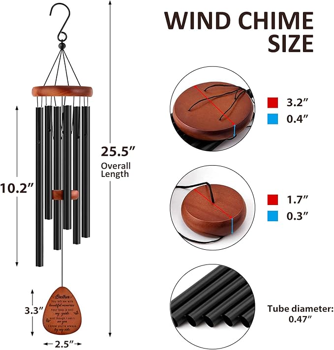 Memorial Gifts for Loss of Brother,Memorial Wind Chimes 25'', Loss of Brother Sympathy Gifts, Home Decor Outdoor Garden, Soothing Melodic Tones with Mute Option