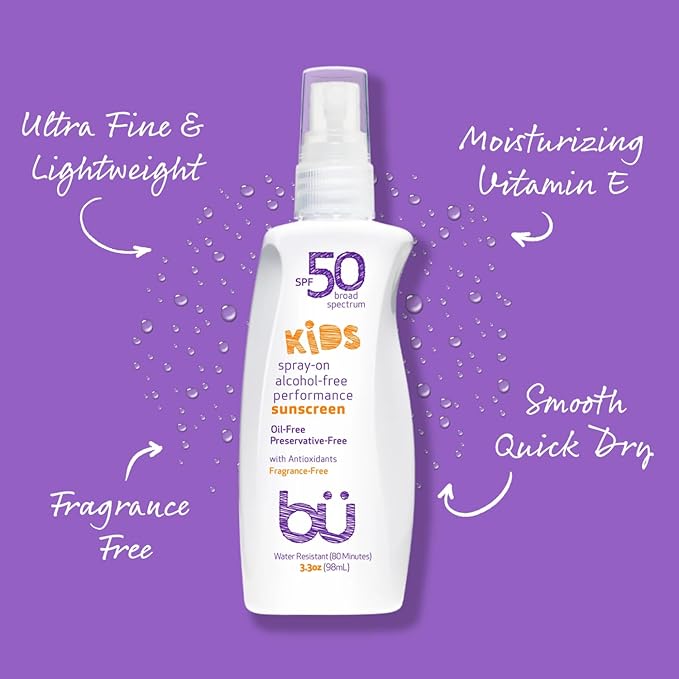 BU SPF 50 Kids Sunscreen Spray for Face and Body, Non Aerosol Spray, Fragrance Free, Clear, Non Greasy, Water Resistant, Fragrance Free 3.3 oz