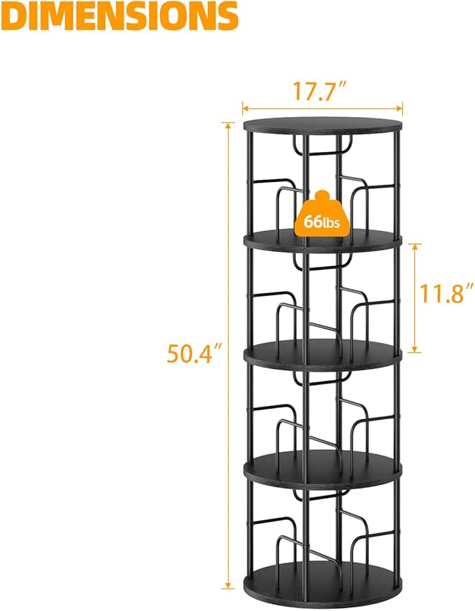 4 Tier Rotating Bookshelf, 360 Display Spinning Corner Bookshelf, Space-Saving Metal Frame Bookcase for Living Room, Office, Bedroom, Black