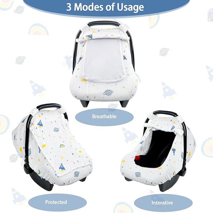 Hooyax Muslin Car Seat Cover Baby, Summer Car Seat Covers for Babies, Infants, and Newborns, Ultra Soft Breathable Universal Fit Stroller Carseat Canopy Covers for Boys Girls (Planet)