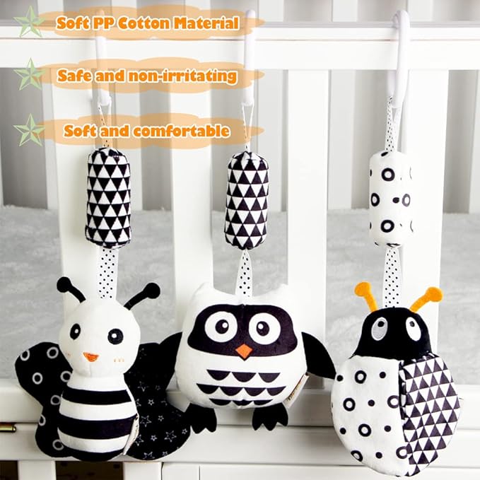 KAKIBLIN Baby Hanging Toy,3 Pack Black and White Baby Toys for 3 6 9 12 Months, High Contrast Hanging Toys,Plush Soft Stroller Rattles Toy for Boys and Girls(21CM, Ladybug,Bee & Owl)