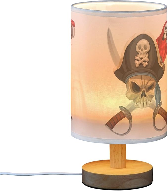 Table Lamp Pirate Skull with Sword Red Parrot Nightstand Lamp with Wood Base Fabric Lamp Shade Bedside Desk Lamp for Living Room Bedroom Kids Room Office