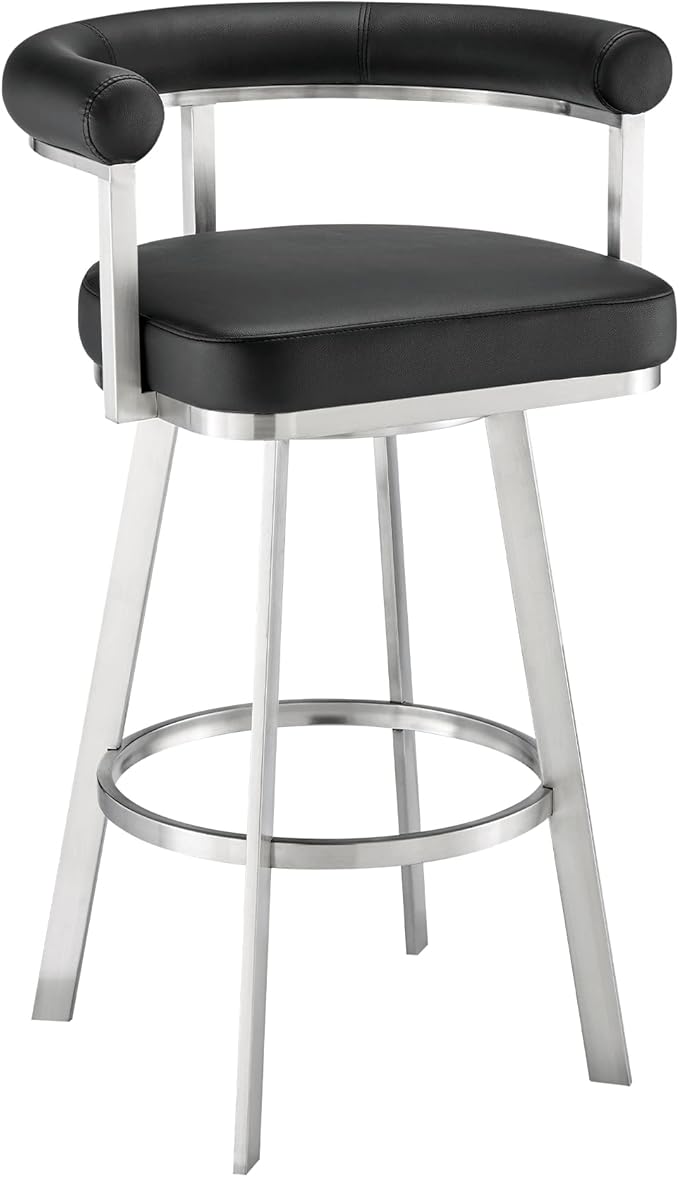 Armen Living Magnolia Swivel Bar Stool in Brushed Stainless Steel with Black Faux Leather