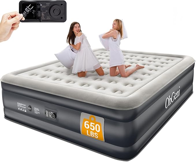 OhGeni Cal King Air Mattress with Built-in Pump, 18" Tall Inflatable Blow Up Air Bed with Carrying Bag for Camping, Guest. Raised Elevated High Airbed, Foldable & Portable Colchon inflables, Black