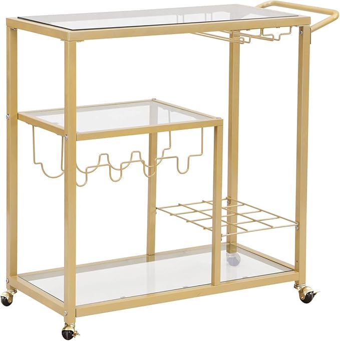 Rolling Bar Carts Gold with Wheels,Home Bar Serving Cart with Glass Wine Holders 3 Tier for Kitchen Home, Party,Dining Room